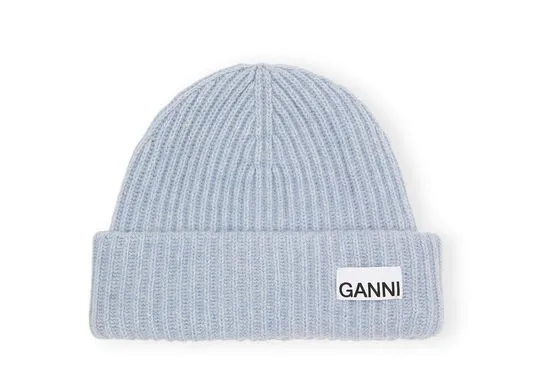 Accessories GANNI Hats Blue Oversized Wool Rib Knit Beanie Silver Lake Blue