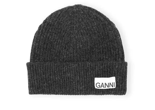 Accessories GANNI Hats Dark Grey Fitted Wool Rib Knit Beanie Phantom
