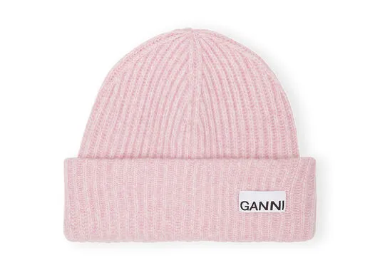 Accessories GANNI Hats Light Pink Fitted Rib Knit Wool Beanie Mauve Chalk