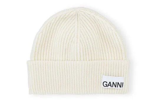 Accessories GANNI Hats White Fitted Wool Rib Knit Beanie Egret