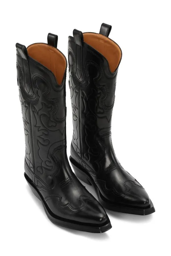 AccessoriesShoes GANNI Boots Black Mid Shaft Embroidered Western Boots Blackblack