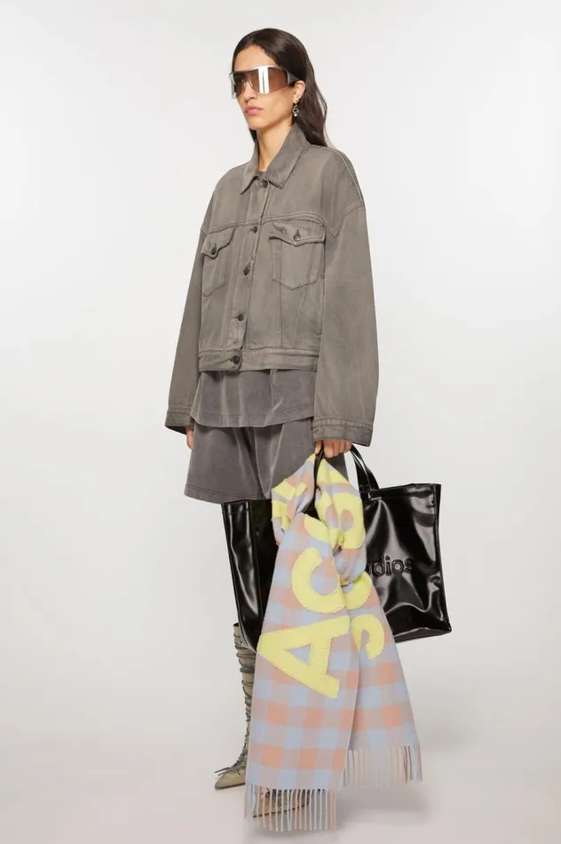 Acne Studios Check Logo Scarf Camel Beigeacid Green Men Scarves