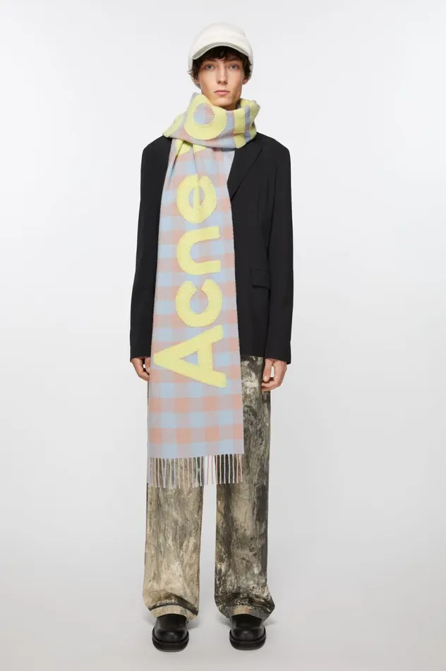 Acne Studios Check Logo Scarf Camel Beigeacid Green Men Scarves