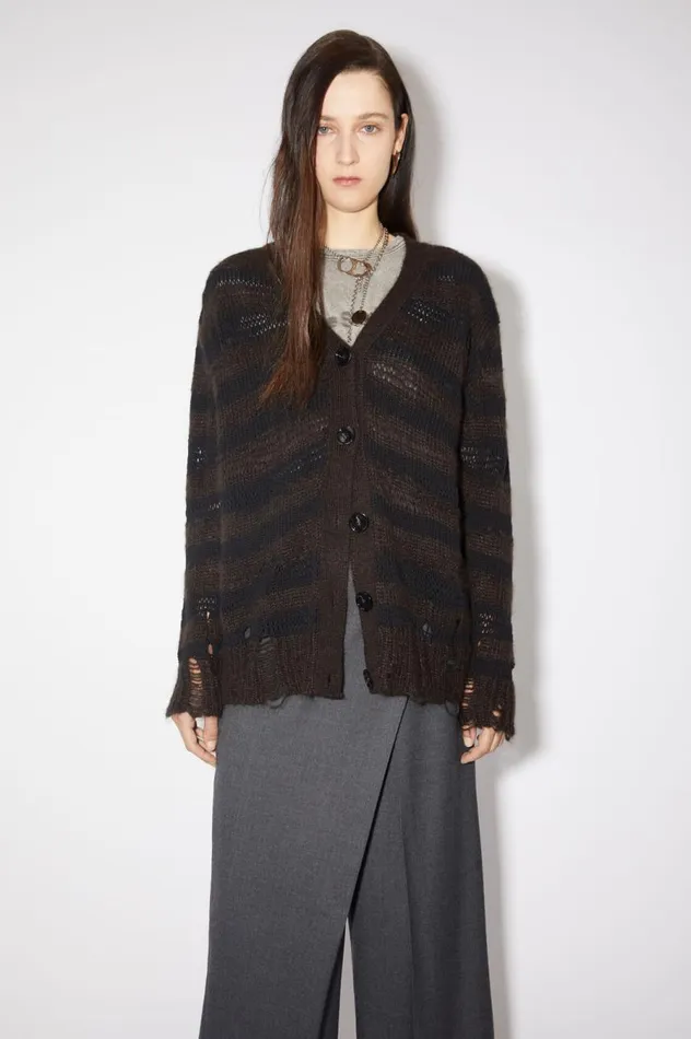 Acne Studios Distressed Stripe Cardigan Warm Charcoal Greyblack Women Knitwear