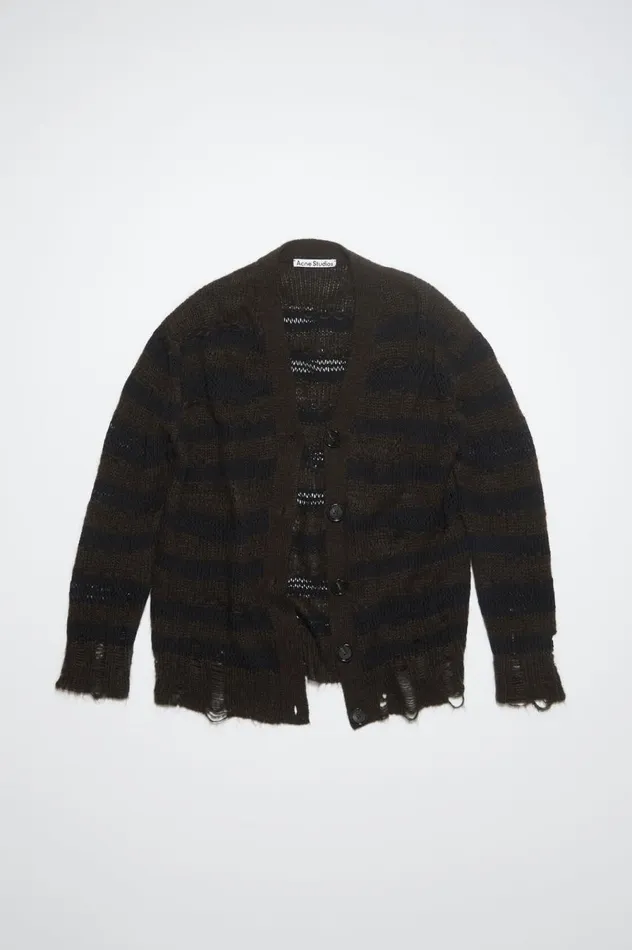 Acne Studios Distressed Stripe Cardigan Warm Charcoal Greyblack Women Knitwear