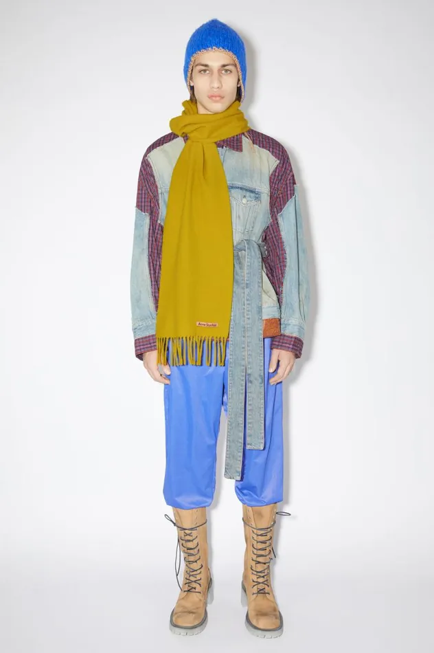 Acne Studios Fringe Wool Scarf 8211 Skinny Acid Yellow Women Scarves