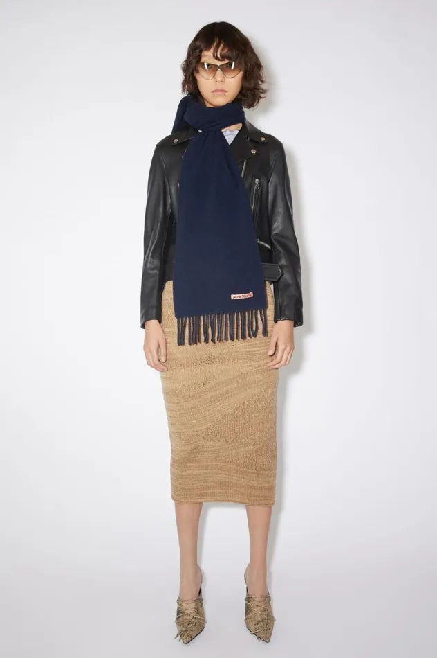 Acne Studios Fringe Wool Scarf 8211 Skinny Navy Blue Men Scarves