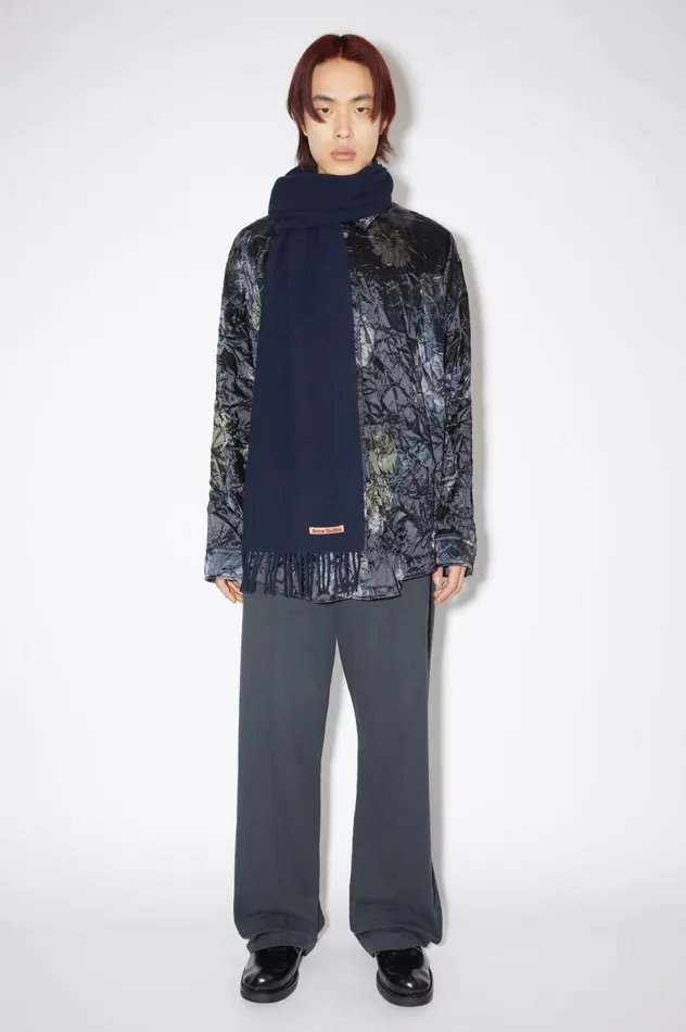 Acne Studios Fringe Wool Scarf 8211 Skinny Navy Blue Men Scarves