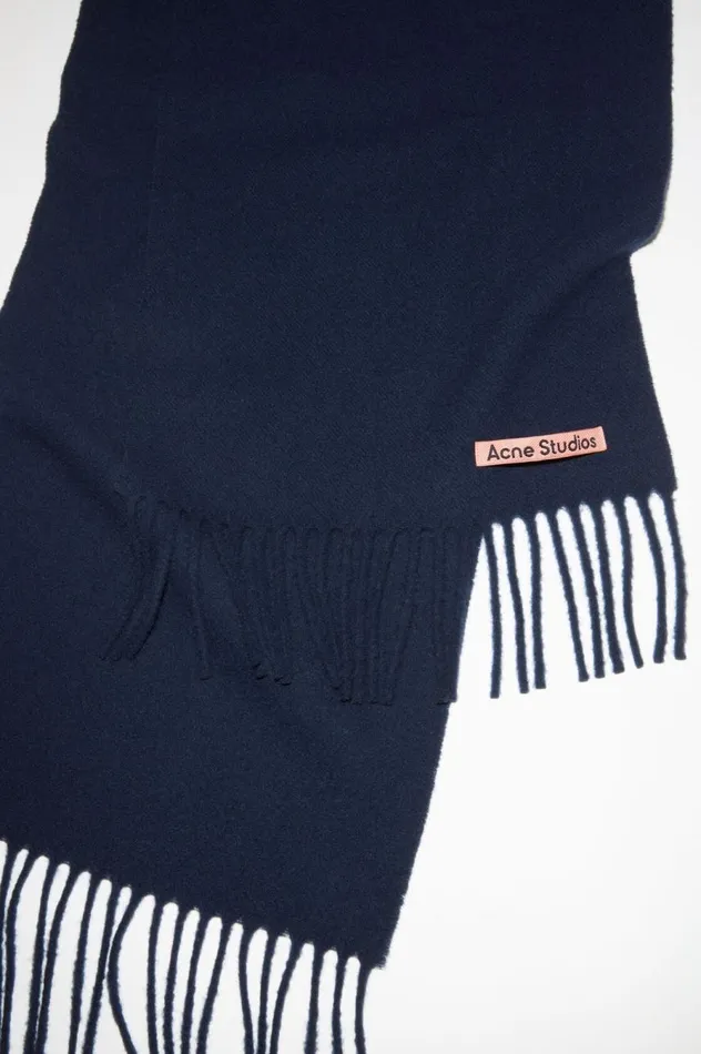 Acne Studios Fringe Wool Scarf 8211 Skinny Navy Blue Men Scarves