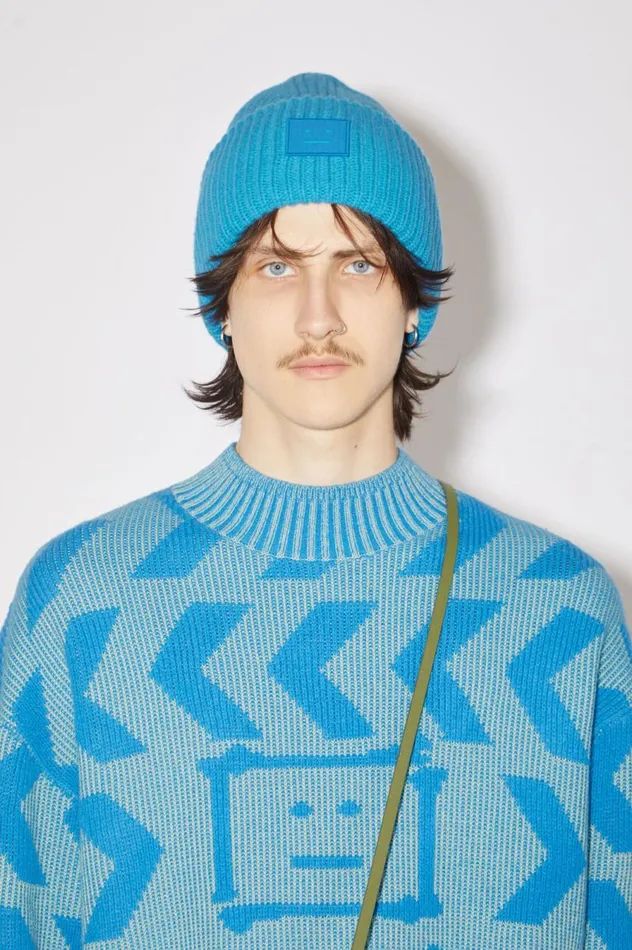 Acne Studios Large Face Logo Beanie Sapphire Blue Men Hats