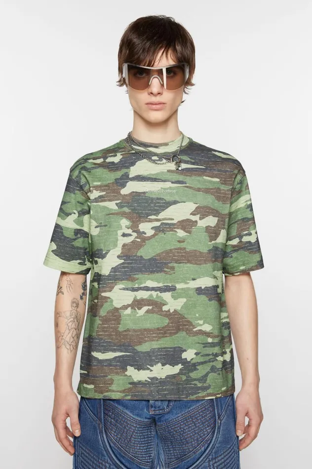 Acne Studios Print Logo Tshirt Khaki Green Men Tshirts