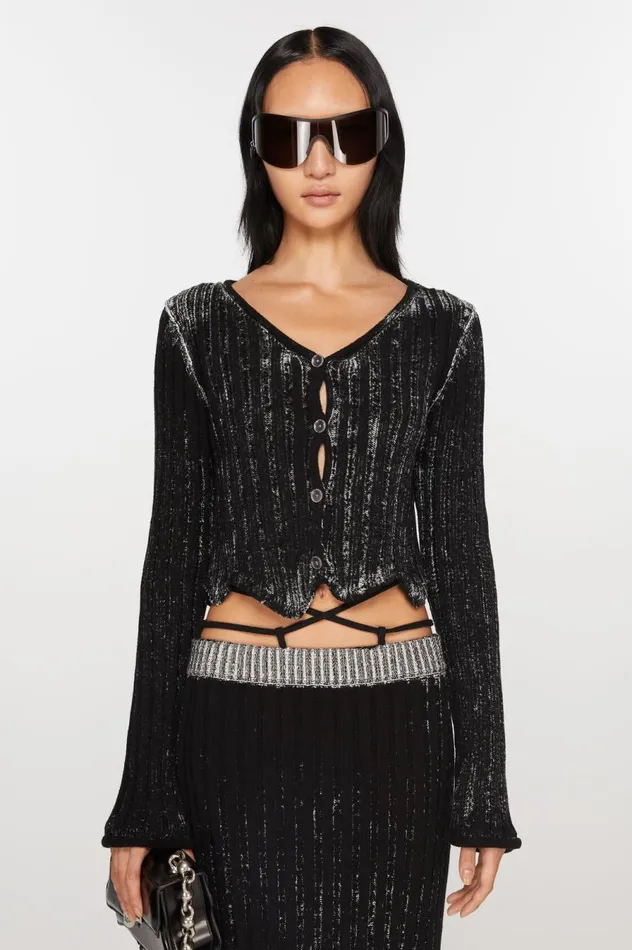 Acne Studios Ribbed Printed Cardigan Blackwhite Women Knitwear