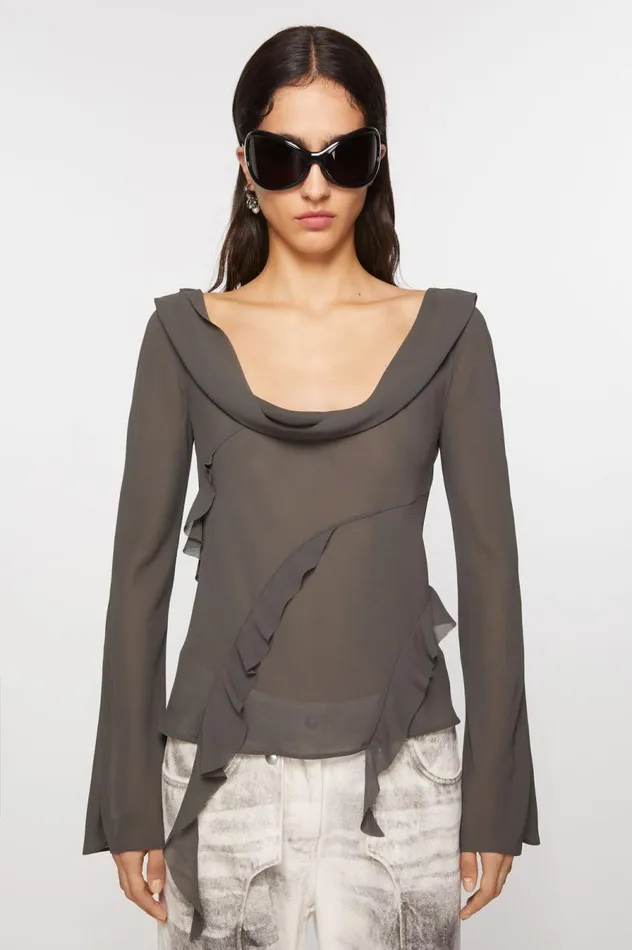 Acne Studios Ruffle Draped Top Anthracite Grey Women Shirts and Blouses