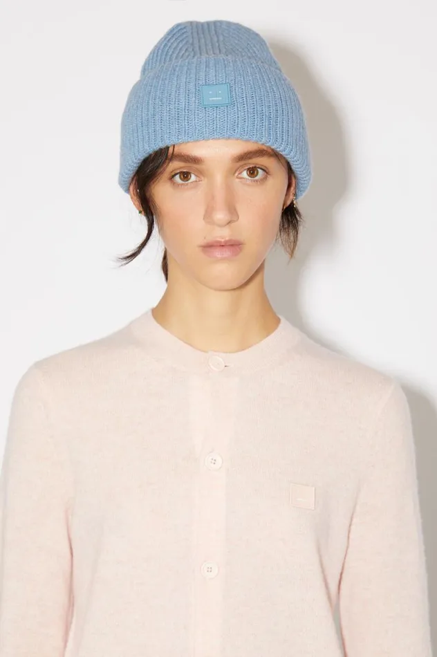 Acne Studios Small Face Logo Beanie Steel Blue Melange Men Hats