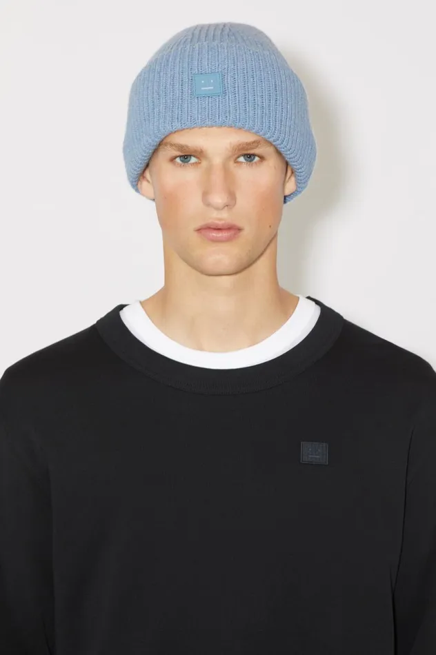 Acne Studios Small Face Logo Beanie Steel Blue Melange Men Hats