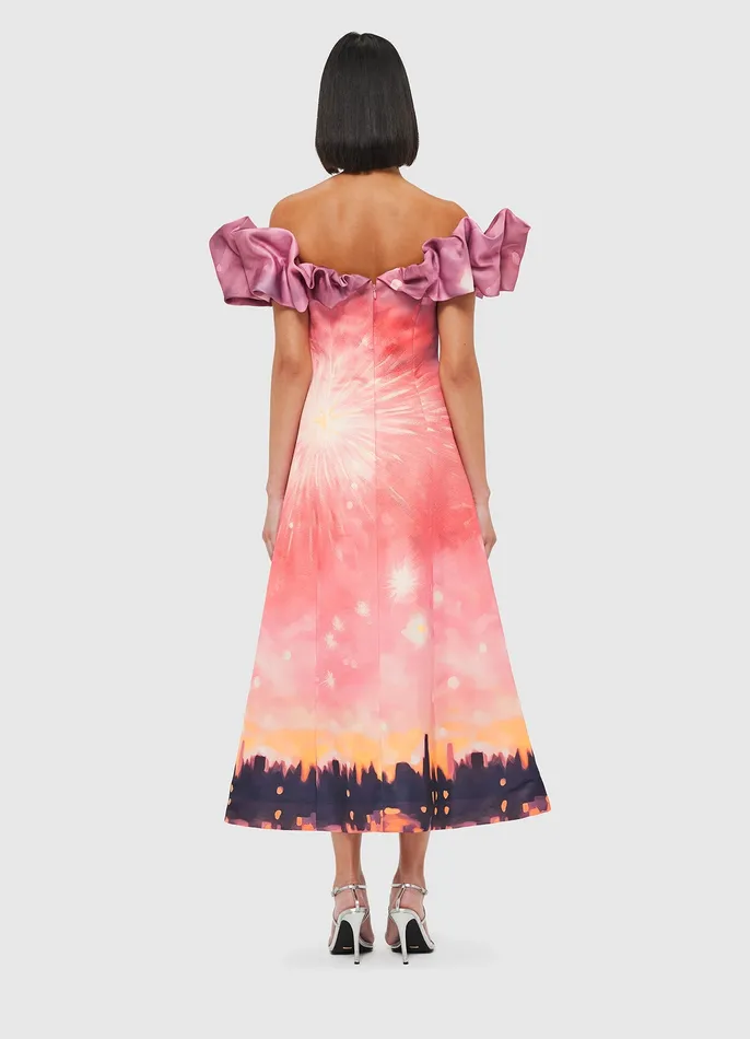 Annie Off Shoulder Frill Midi Dress 8211 Afterglow Print Women Dresses and Jumpsuits LEO LIN