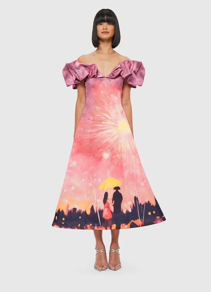 Annie Off Shoulder Frill Midi Dress 8211 Afterglow Print Women Dresses and Jumpsuits LEO LIN