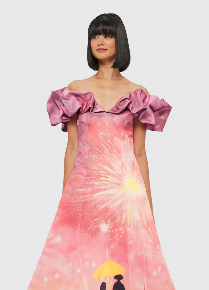 Annie Off Shoulder Frill Midi Dress 8211 Afterglow Print Women Dresses and Jumpsuits LEO LIN