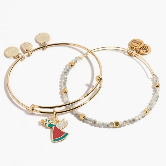 Bracelets Women Alex And Ani Holiday Angel Charm Bangle Set Of 2 Shiny Gold