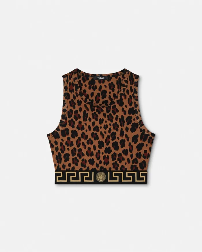 Bras and Briefs Women Versace Leopard Greca Border Crop Top Animalier