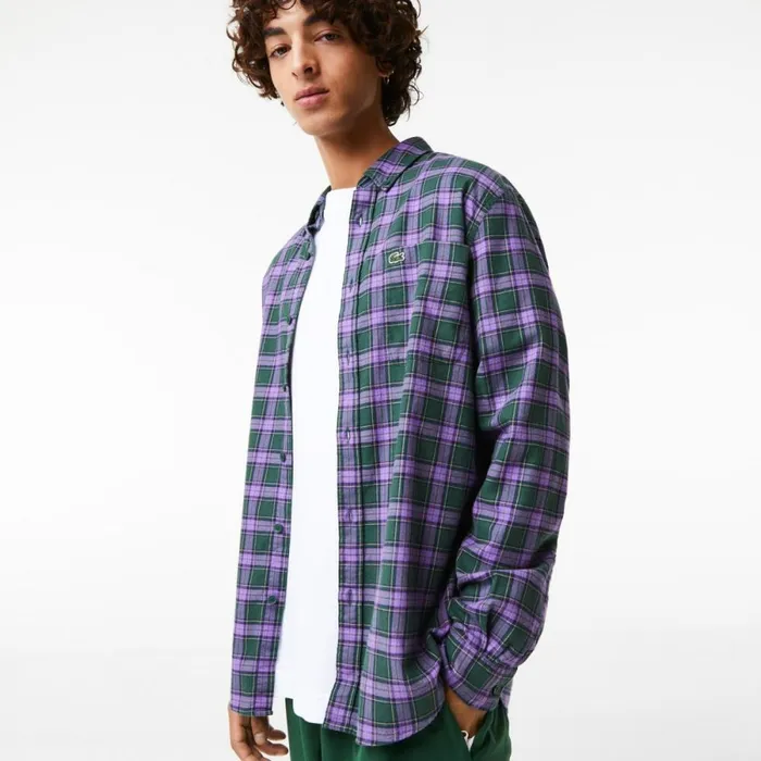 Button Down Shirts Men Lacoste Men039s Regular Fit Check Print Flannel Shirt Green Purple Beige Tpg Button Down Shirts Men Lacoste Men039s Regular Fit Check Print Flannel Shirt Green Purple Beige Tpg