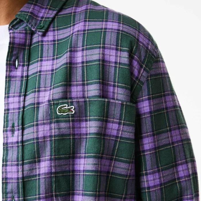 Button Down Shirts Men Lacoste Men039s Regular Fit Check Print Flannel Shirt Green Purple Beige Tpg