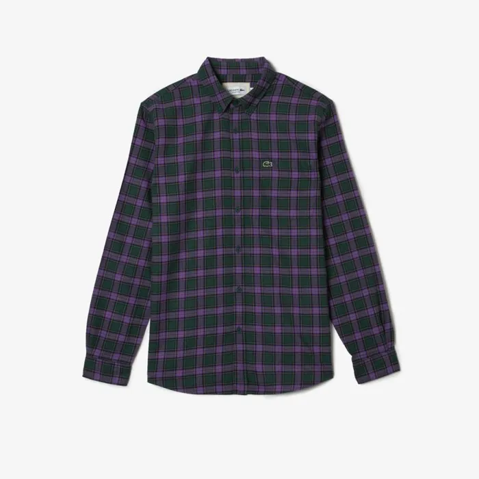 Button Down Shirts Men Lacoste Men039s Regular Fit Check Print Flannel Shirt Green Purple Beige Tpg