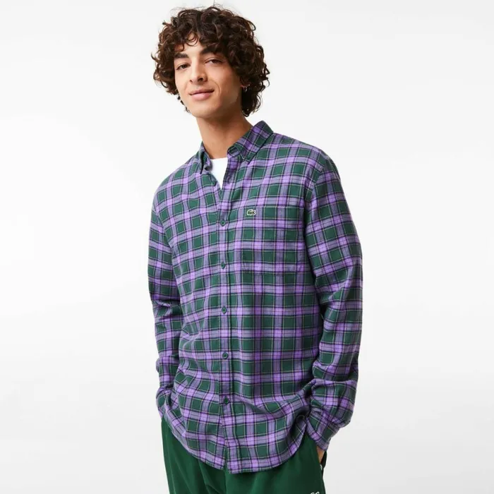 Button Down Shirts Men Lacoste Men039s Regular Fit Check Print Flannel Shirt Green Purple Beige Tpg