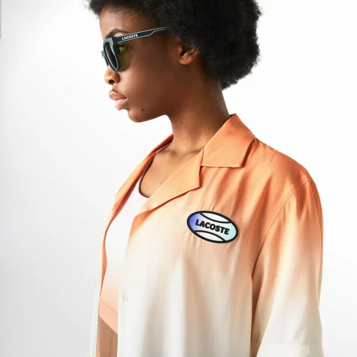 Button Down Shirts MenWomen Lacoste Unisex LIVE Relaxed Fit Gradated Print Shirt Orange White Yellow Z81