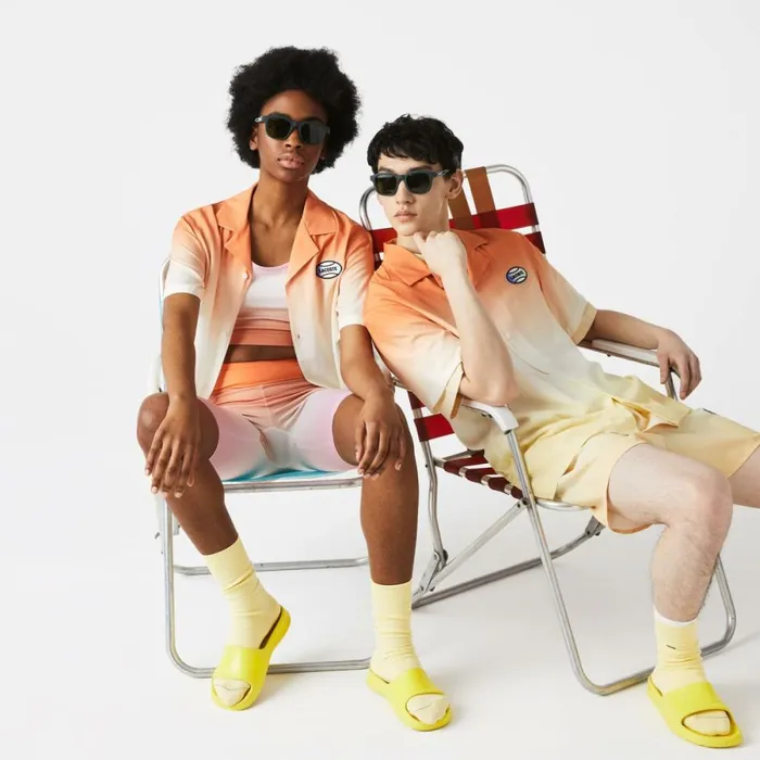 Button Down Shirts MenWomen Lacoste Unisex LIVE Relaxed Fit Gradated Print Shirt Orange White Yellow Z81