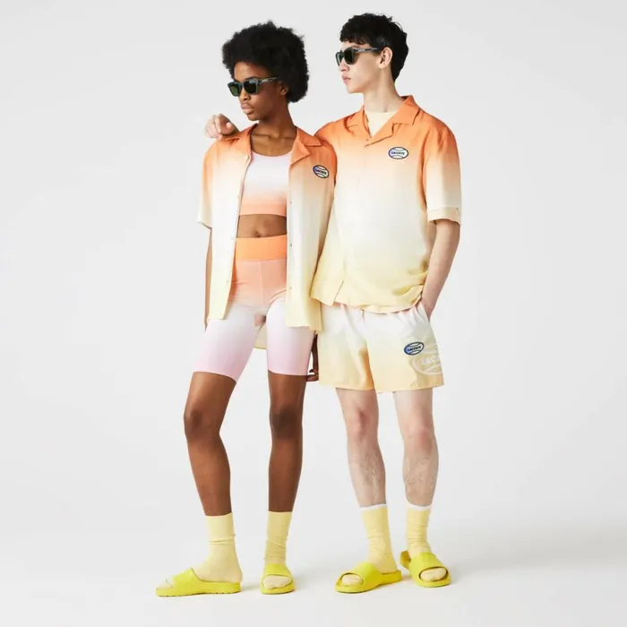 Button Down Shirts MenWomen Lacoste Unisex LIVE Relaxed Fit Gradated Print Shirt Orange White Yellow Z81