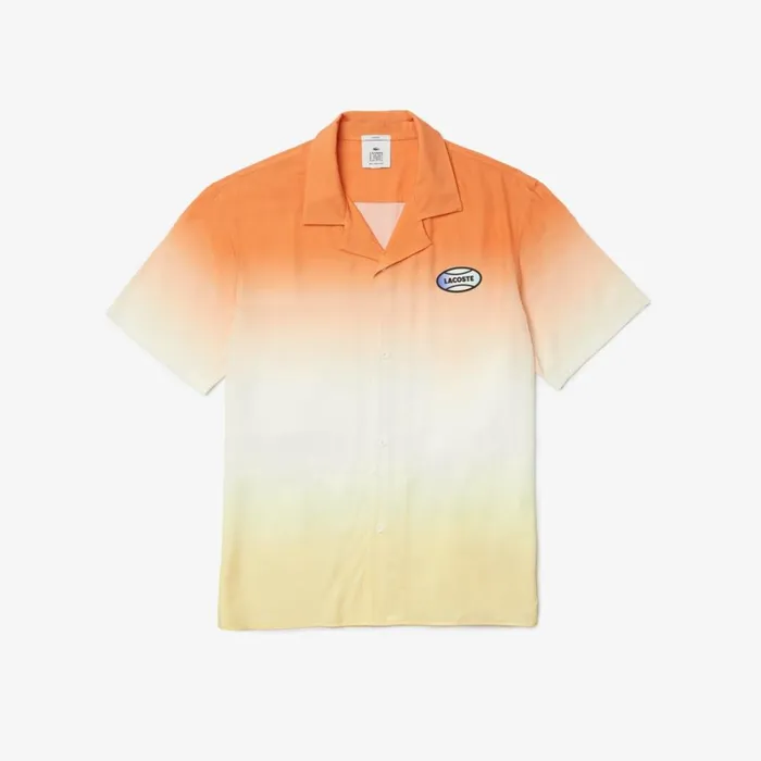 Button Down Shirts MenWomen Lacoste Unisex LIVE Relaxed Fit Gradated Print Shirt Orange White Yellow Z81