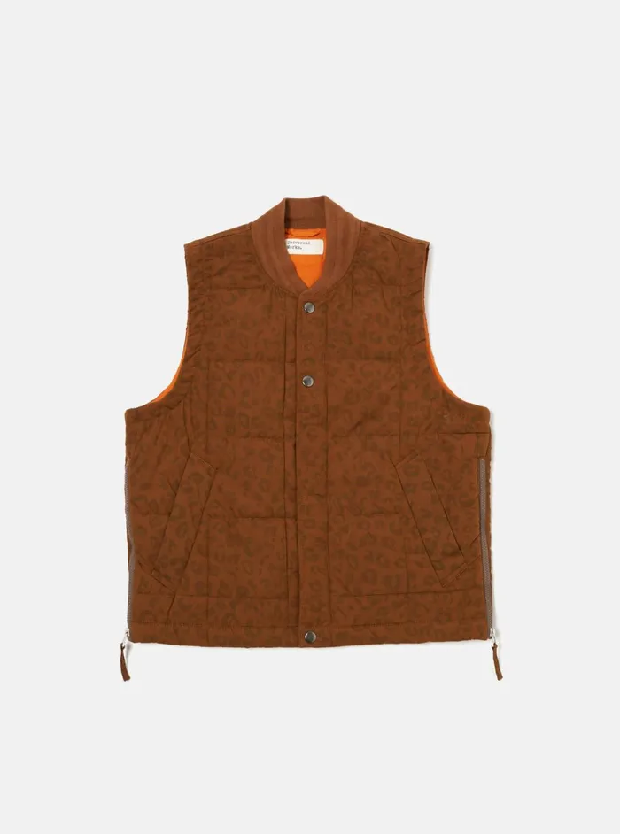 Carlton Gilet In Orange Leopard Recycled Polytech Men Universal Works Waistcoats and Gilets Carlton Gilet In Orange Leopard Recycled Polytech Men Universal Works Waistcoats and Gilets