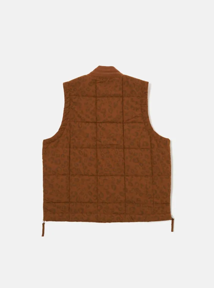 Carlton Gilet In Orange Leopard Recycled Polytech Men Universal Works Waistcoats and Gilets