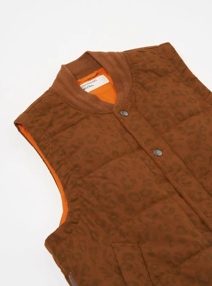 Carlton Gilet In Orange Leopard Recycled Polytech Men Universal Works Waistcoats and Gilets