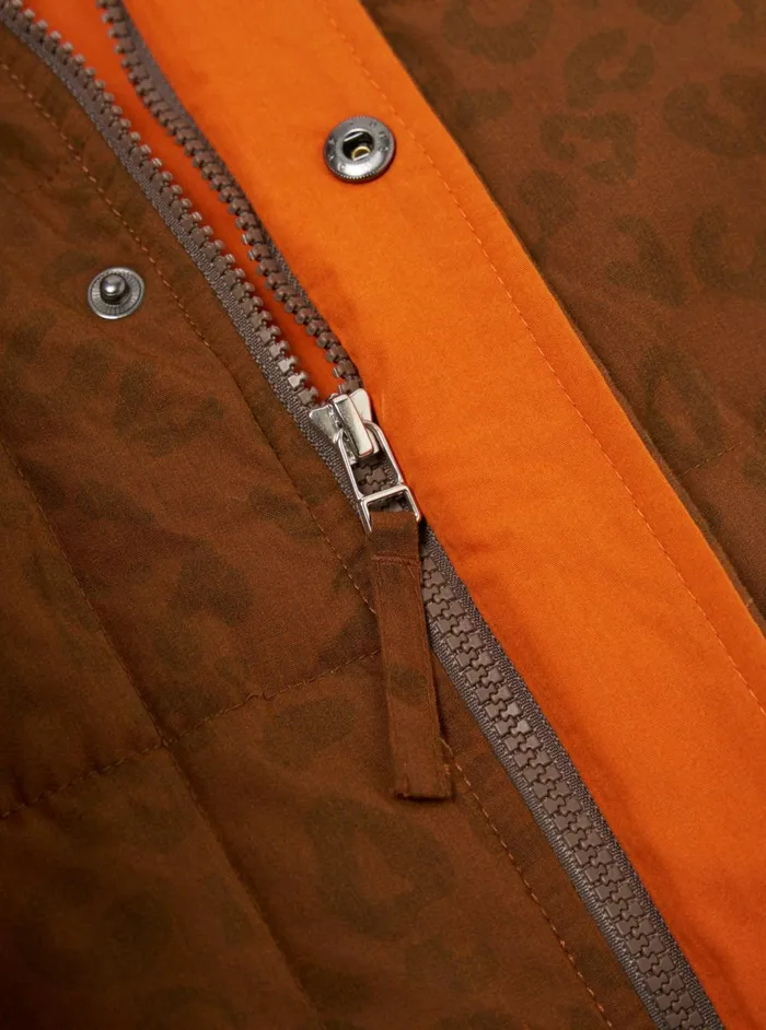 Carlton Gilet In Orange Leopard Recycled Polytech Men Universal Works Waistcoats and Gilets