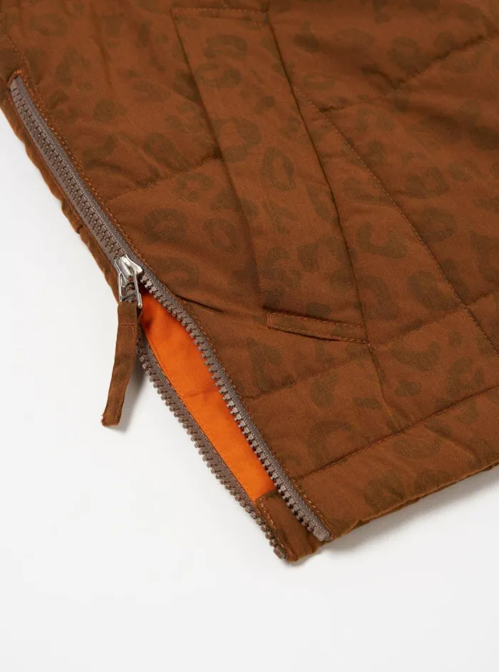 Carlton Gilet In Orange Leopard Recycled Polytech Men Universal Works Waistcoats and Gilets