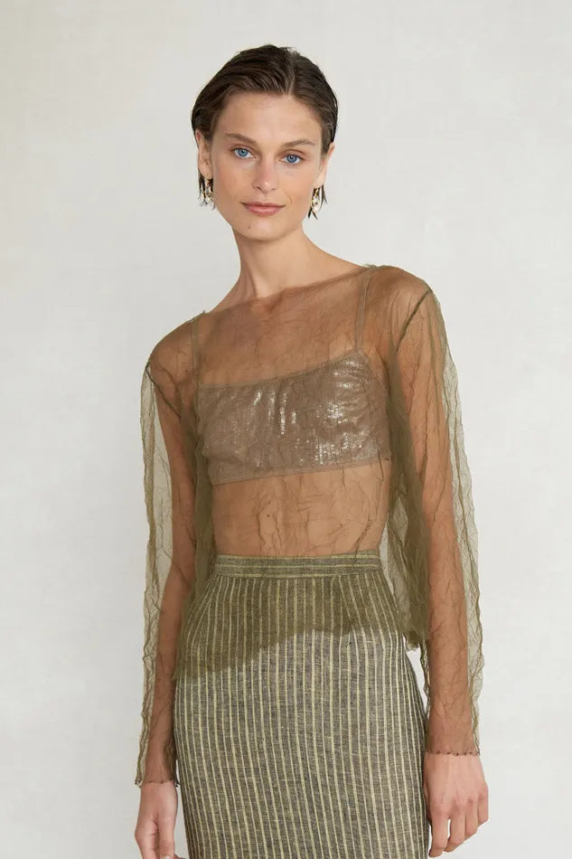 Chan Luu Tops Luca Crinkle Mesh Blouse Olive 8211 Women