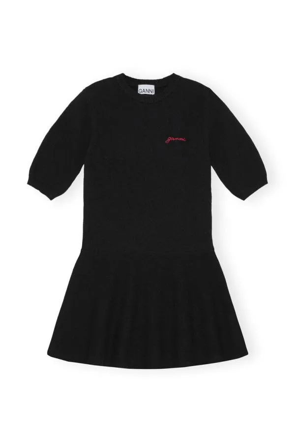 Clothing GANNI Dresses Black Logo Wool Mix Mini Dress Black Clothing GANNI Dresses Black Logo Wool Mix Mini Dress Black