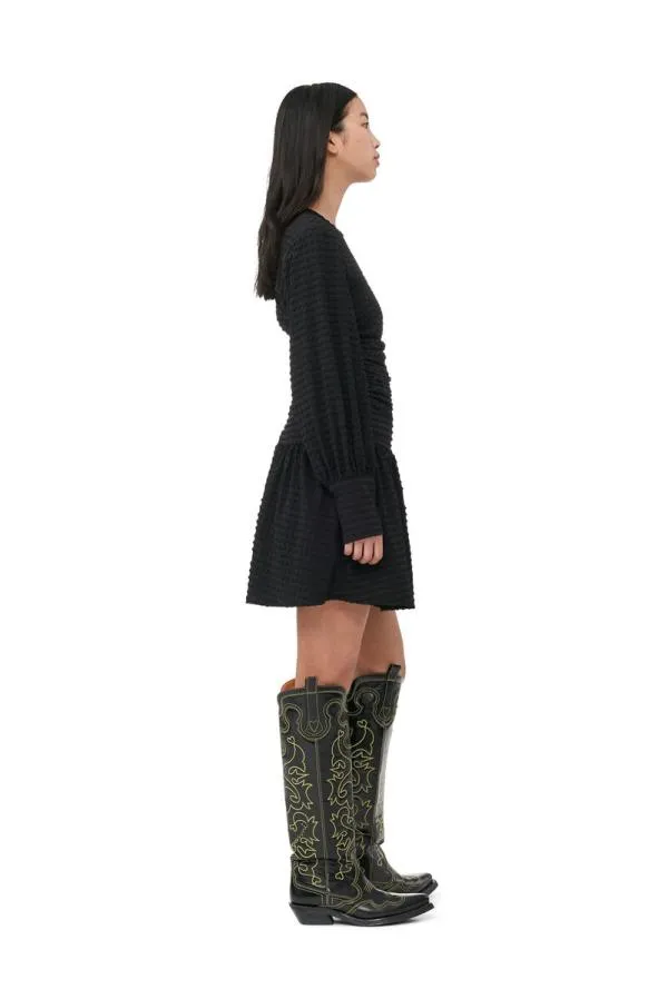 Clothing GANNI Dresses Black Seersucker Gathered Mini Dress Black Clothing GANNI Dresses Black Seersucker Gathered Mini Dress Black