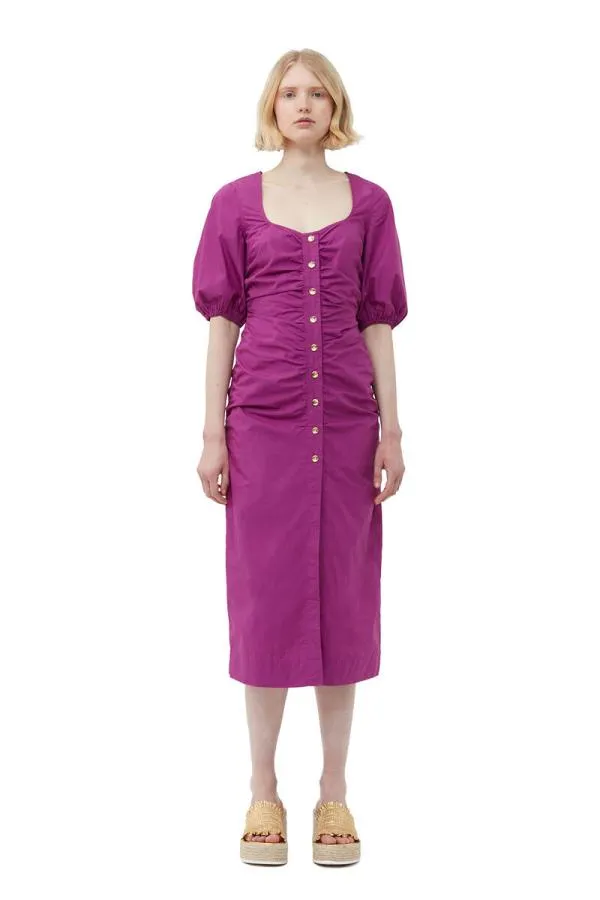 Clothing GANNI Dresses Cotton Poplin Gathered Openneck Maxi Dress Purple Wine
