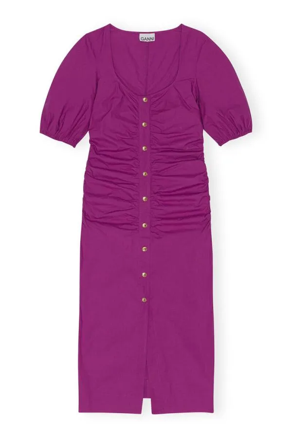 Clothing GANNI Dresses Cotton Poplin Gathered Openneck Maxi Dress Purple Wine Clothing GANNI Dresses Cotton Poplin Gathered Openneck Maxi Dress Purple Wine