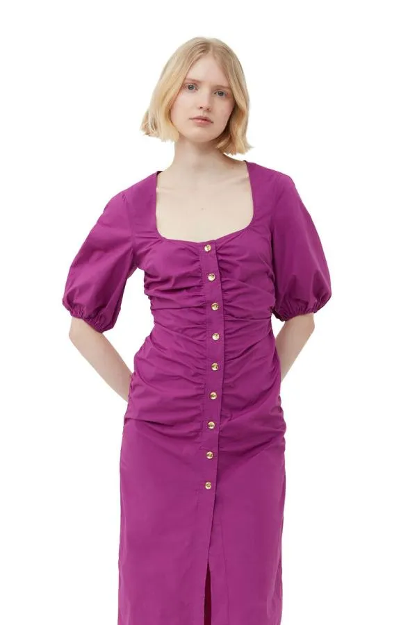 Clothing GANNI Dresses Cotton Poplin Gathered Openneck Maxi Dress Purple Wine Clothing GANNI Dresses Cotton Poplin Gathered Openneck Maxi Dress Purple Wine