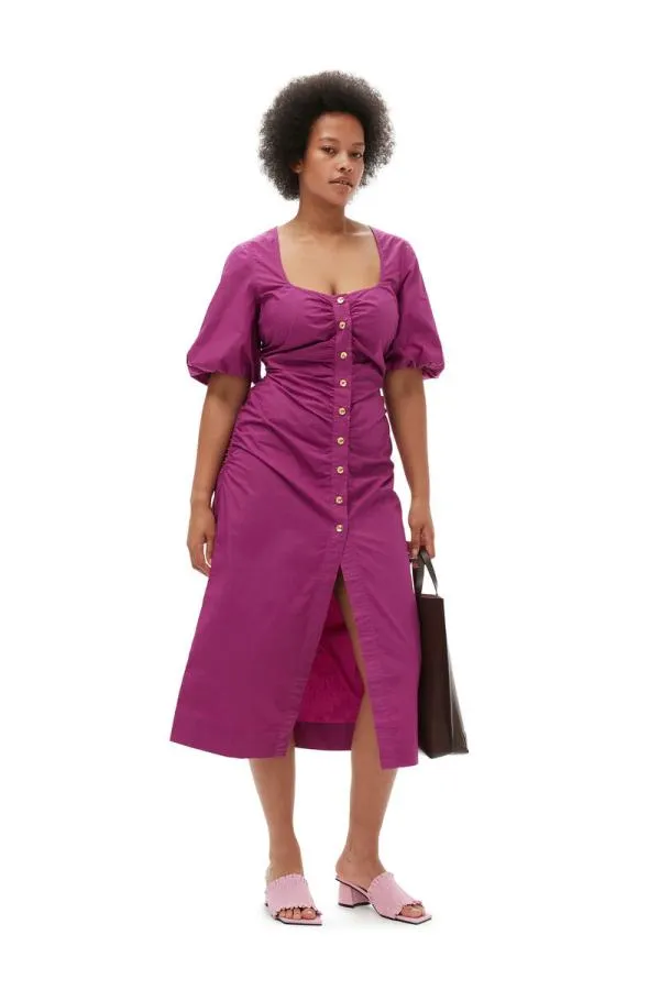 Clothing GANNI Dresses Cotton Poplin Gathered Openneck Maxi Dress Purple Wine Clothing GANNI Dresses Cotton Poplin Gathered Openneck Maxi Dress Purple Wine