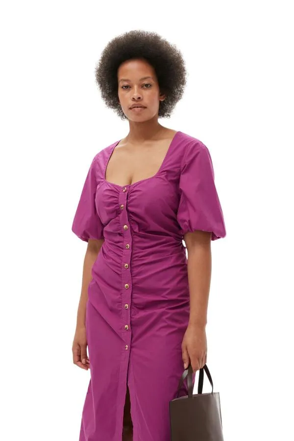 Clothing GANNI Dresses Cotton Poplin Gathered Openneck Maxi Dress Purple Wine Clothing GANNI Dresses Cotton Poplin Gathered Openneck Maxi Dress Purple Wine