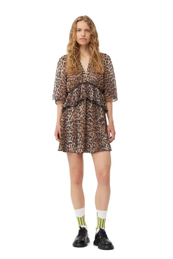 Clothing GANNI Dresses Leopard Pleated Georgette Vneck Flounce Mini Dress Almond Milk Clothing GANNI Dresses Leopard Pleated Georgette Vneck Flounce Mini Dress Almond Milk
