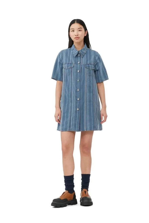 Clothing GANNI Dresses Light Stripe Denim Mini Dress Mid Blue Stone