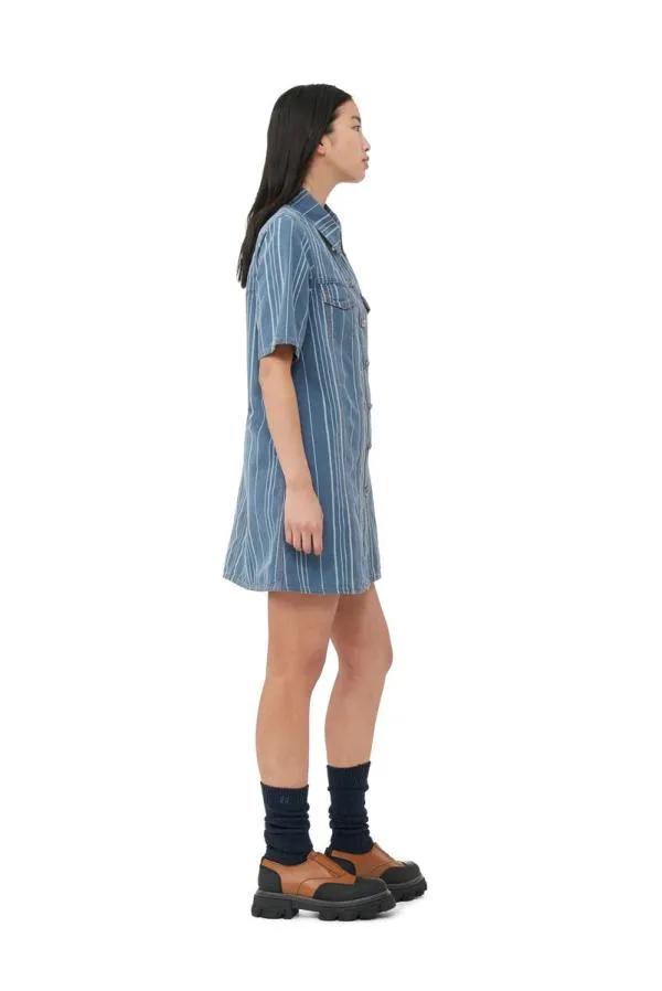 Clothing GANNI Dresses Light Stripe Denim Mini Dress Mid Blue Stone Clothing GANNI Dresses Light Stripe Denim Mini Dress Mid Blue Stone