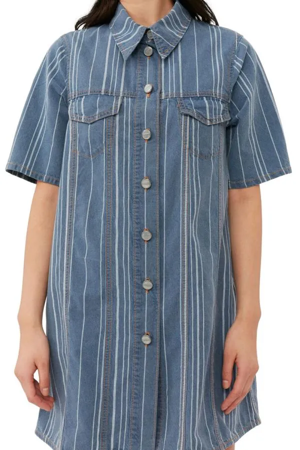 Clothing GANNI Dresses Light Stripe Denim Mini Dress Mid Blue Stone Clothing GANNI Dresses Light Stripe Denim Mini Dress Mid Blue Stone
