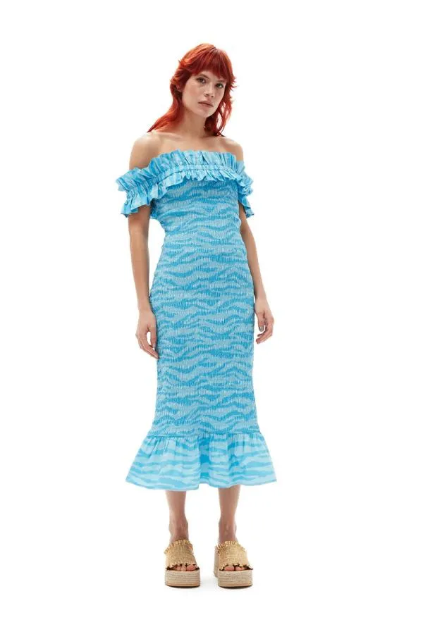 Clothing GANNI Dresses Printed Cotton Offshoulder Smock Midi Dress Ethereal Blue Clothing GANNI Dresses Printed Cotton Offshoulder Smock Midi Dress Ethereal Blue